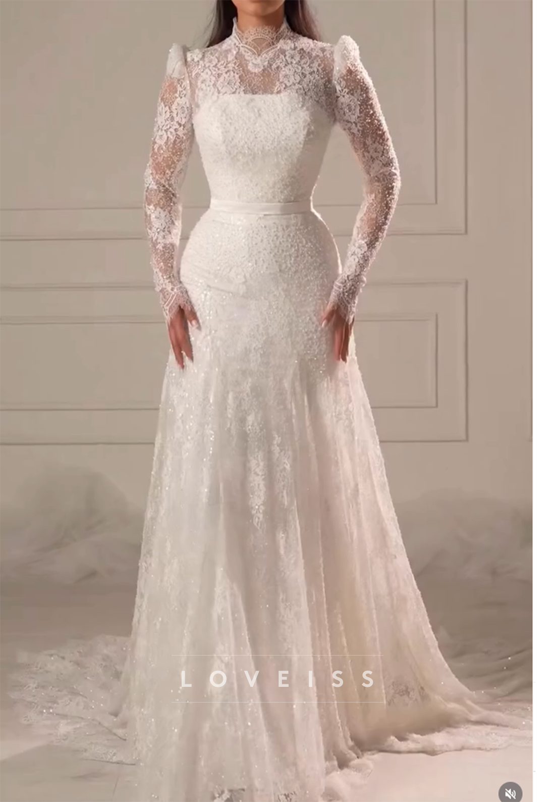 High Neck Long Sleeves Lace Appliques A-Line Wedding Dress