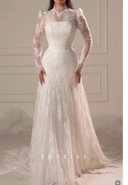 High Neck Long Sleeves Lace Appliques A-Line Wedding Dress