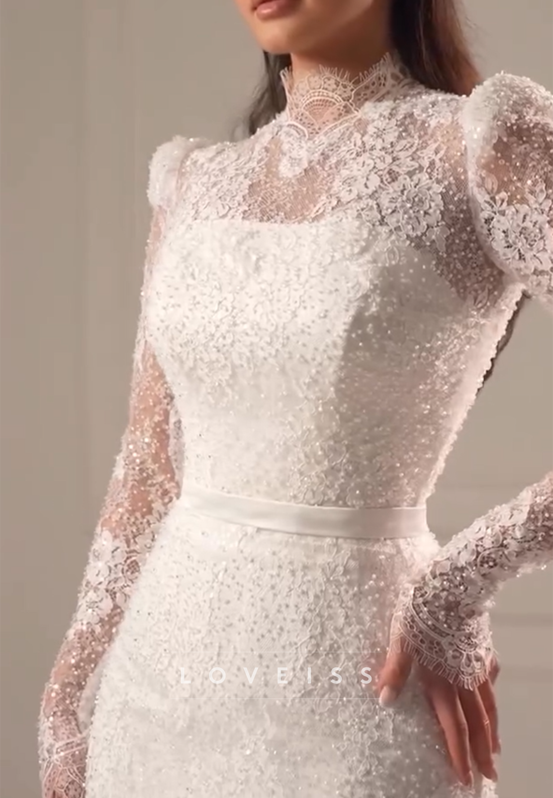 High Neck Long Sleeves Lace Appliques A-Line Wedding Dress