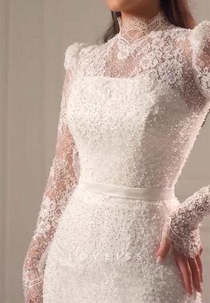 High Neck Long Sleeves Lace Appliques A-Line Wedding Dress