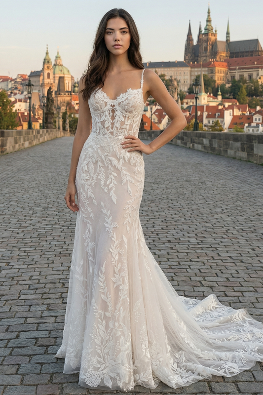 Sweetheart Straps Appliques Lace Mermaid Wedding Dress