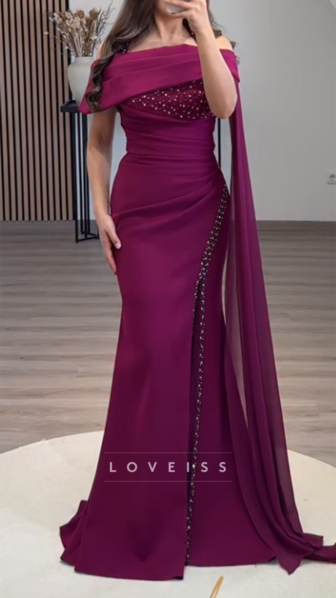 Off-Shoulder Beaded Mermaid Evening Dress