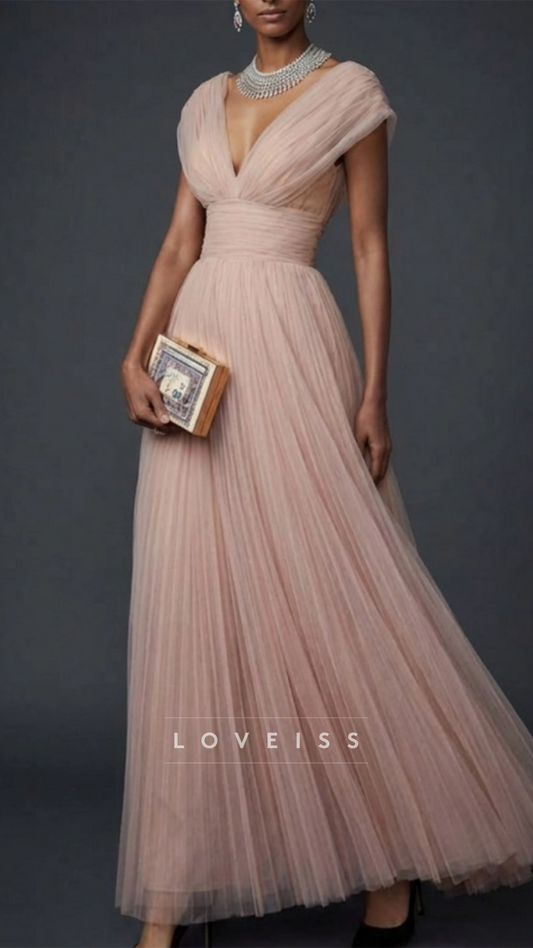 V-Neck Sleeveless Tulle Pleated A-Line Cocktail Dress