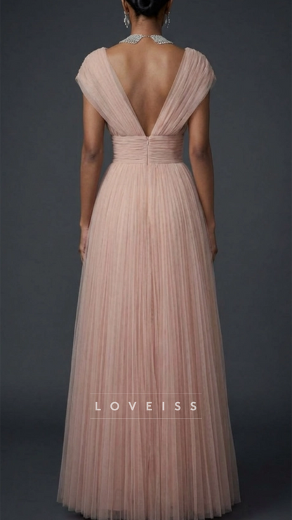 V-Neck Sleeveless Tulle Pleated A-Line Cocktail Dress