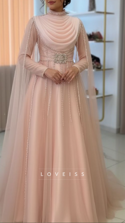 High Neck Long Sleeves Beaded A-Line Evening Dress