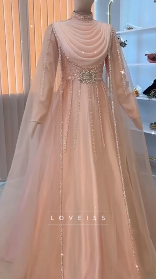 High Neck Long Sleeves Beaded A-Line Evening Dress