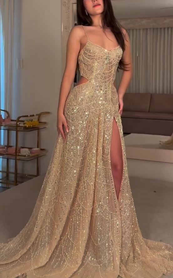 Sweetheart Straps Beaded Embroidery Sparkly A-Line Prom Dress