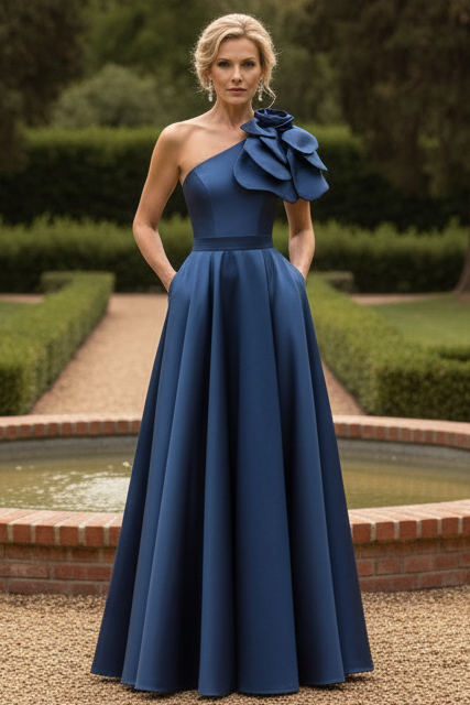 One Shoulder Pocket A-Line Mother of Bride Dress