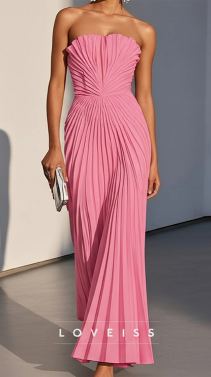 White Pleated Classic Strapless Sleeveless A-Line Maxi Dress