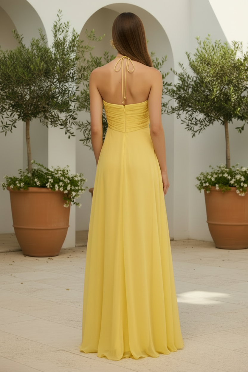 Halter Yellow Flowy Summer Wedding Guest Dress