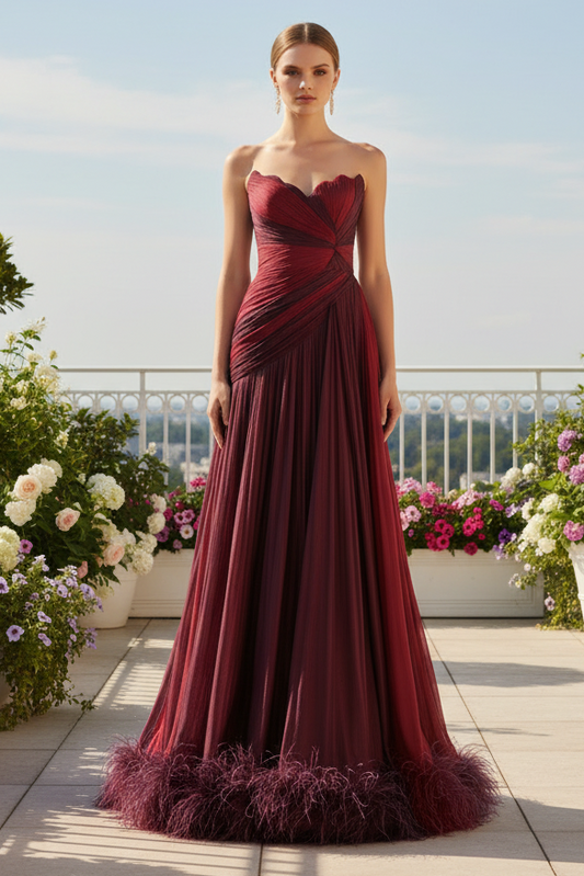 Sweetheart Sleeveless Feathered A-Line Evening Dress