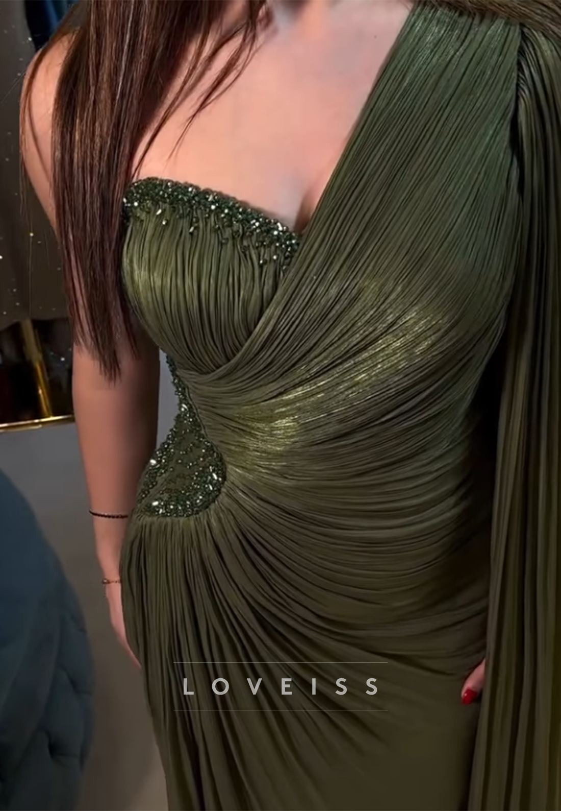 One Shoulder Pleated  Beaded Sheath Evening Dress