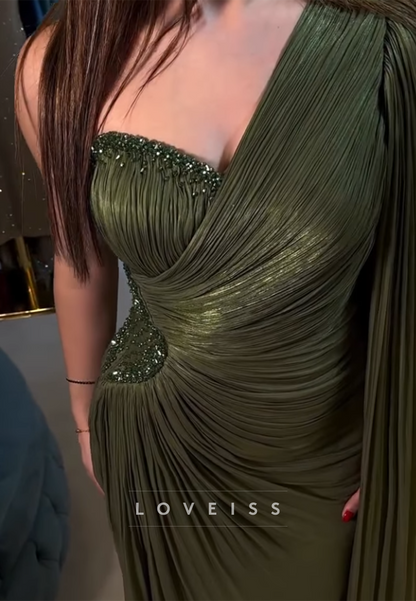 One Shoulder Pleated  Beaded Sheath Evening Dress