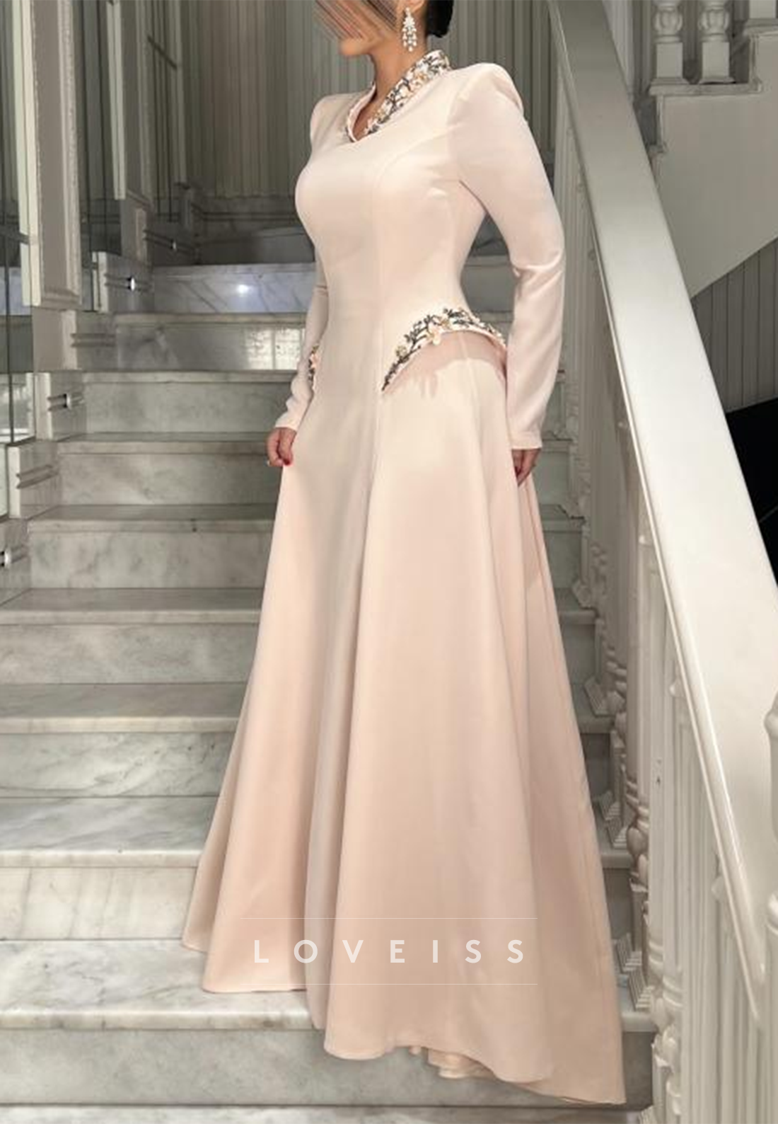 V-Neck Long Sleeves Beaded A-Line Evening Dress