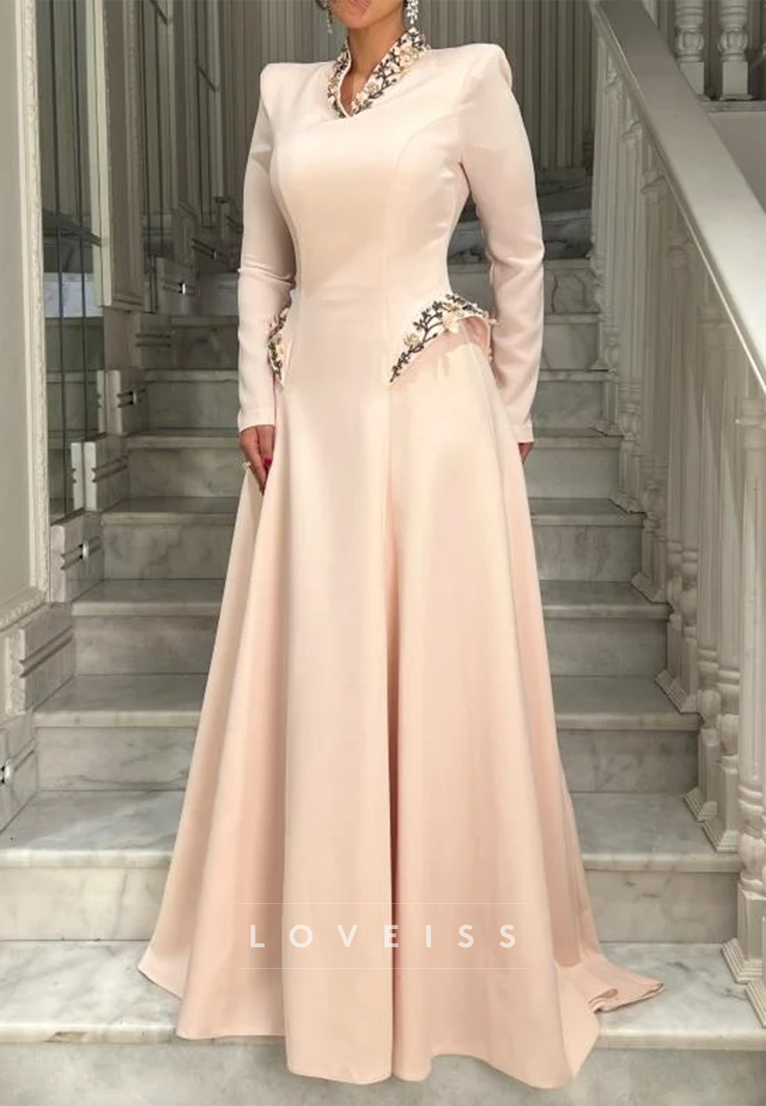 V-Neck Long Sleeves Beaded A-Line Evening Dress