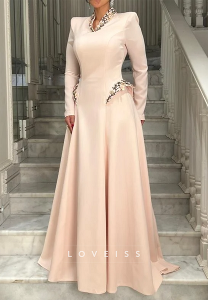 V-Neck Long Sleeves Beaded A-Line Evening Dress