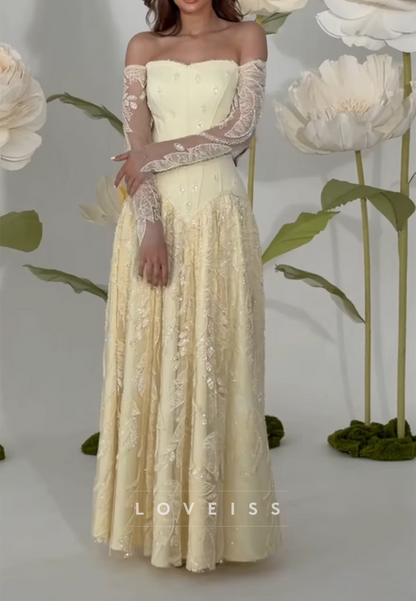 Off-Shoulder Beaded Appliques A-Line Prom Dress