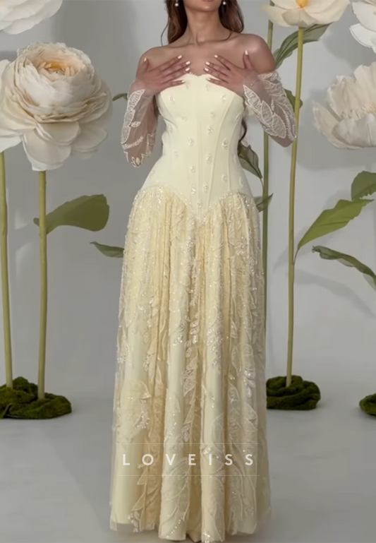 Off-Shoulder Beaded Appliques A-Line Prom Dress