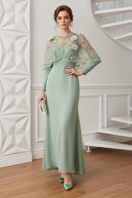 Scoop Appliques Sheath Mother pf Bride Dress with Cape