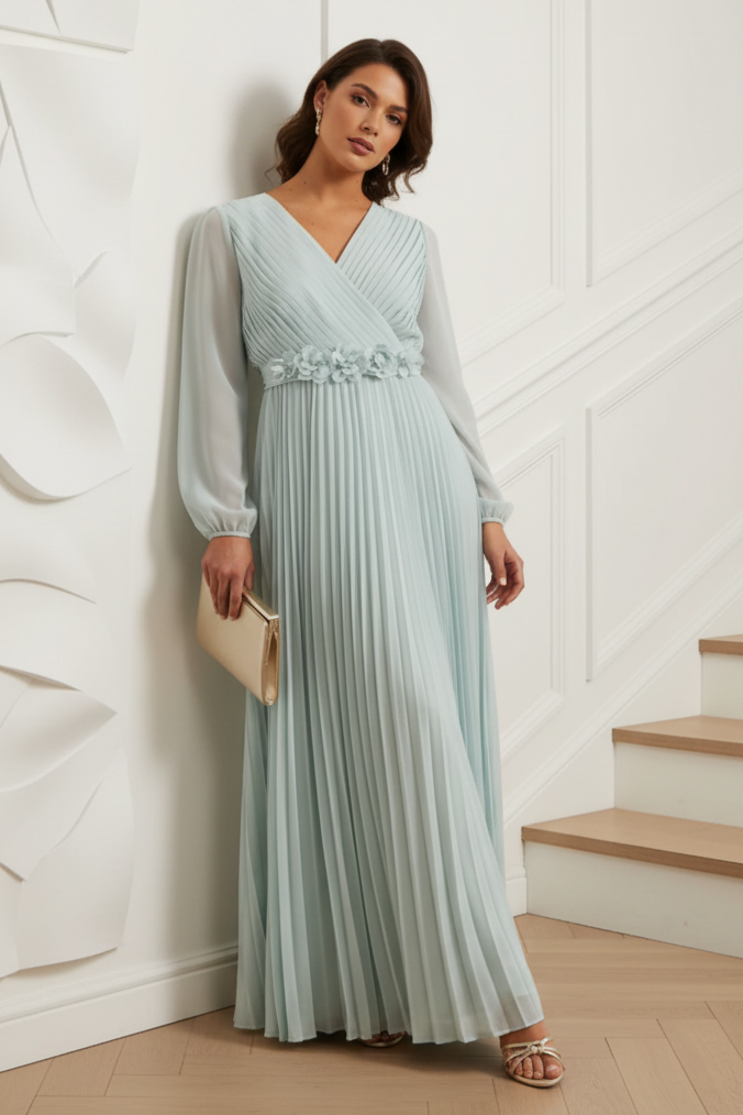 Long Sleeves  Embroidered Pleated A Line Midi Dress