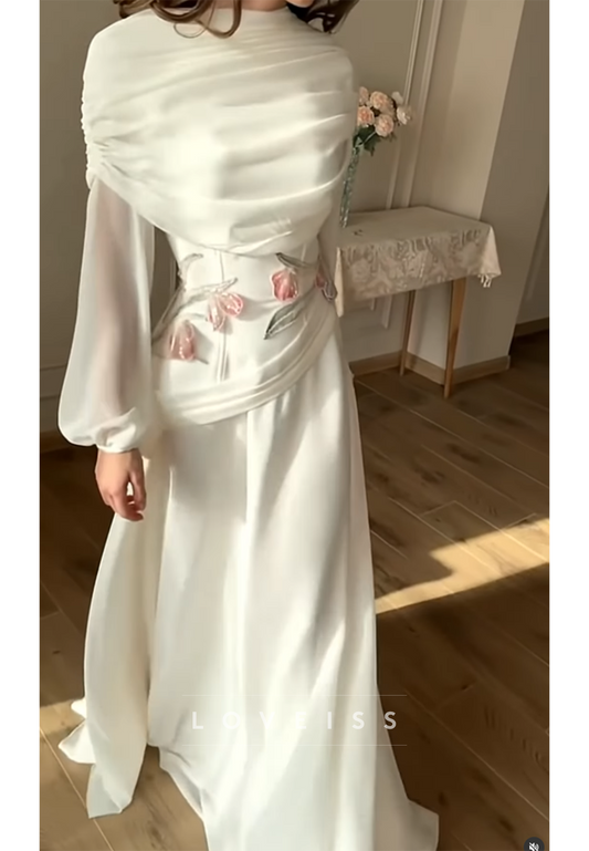 Scoop Long Sleeves Appliques A-Line Formal  Dress