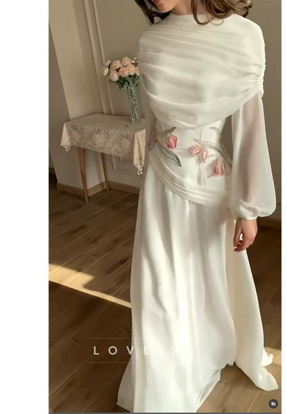 Scoop Long Sleeves Appliques A-Line Formal  Dress