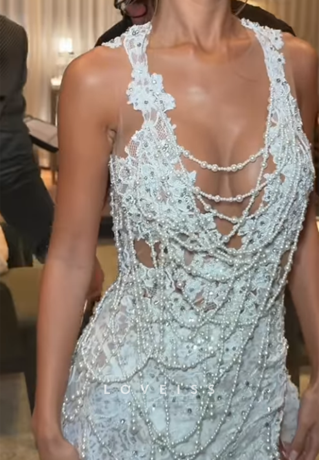 V-Neck Pearl Appliques Side Slit Mermaid Wedding Dress