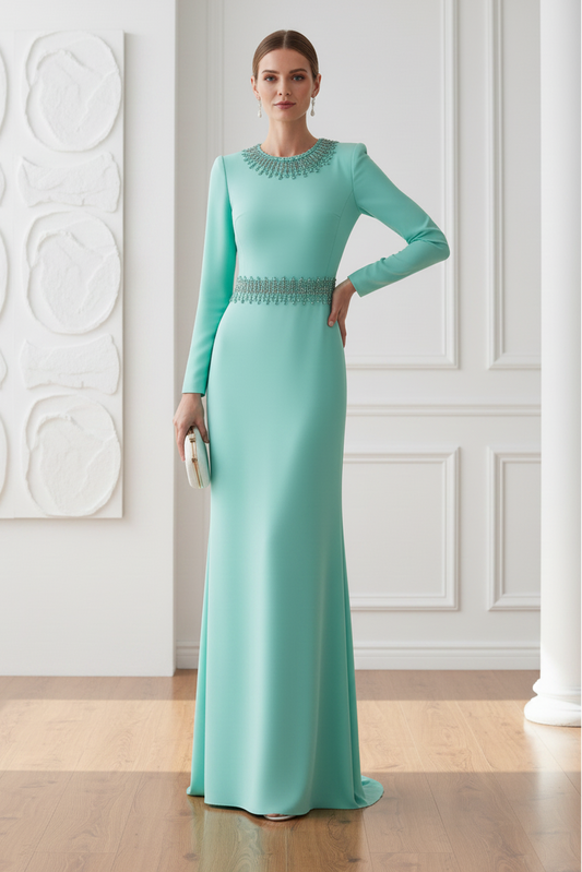 Scoop Long Sleeves Beaded Sheath Mother of Bride Dress