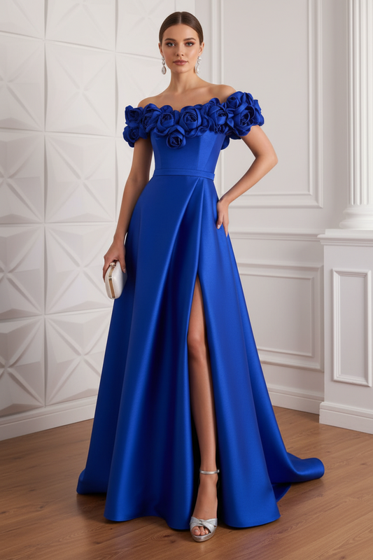 Off-Shoulder Floral Appliques Mikado Satin Mother of Bride Dress