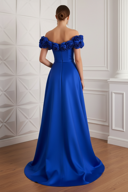 Off-Shoulder Floral Appliques Mikado Satin Mother of Bride Dress