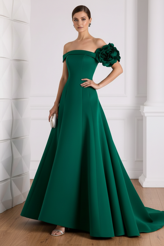 Strapless Floral Embellished Satin A-Line Evening Dress