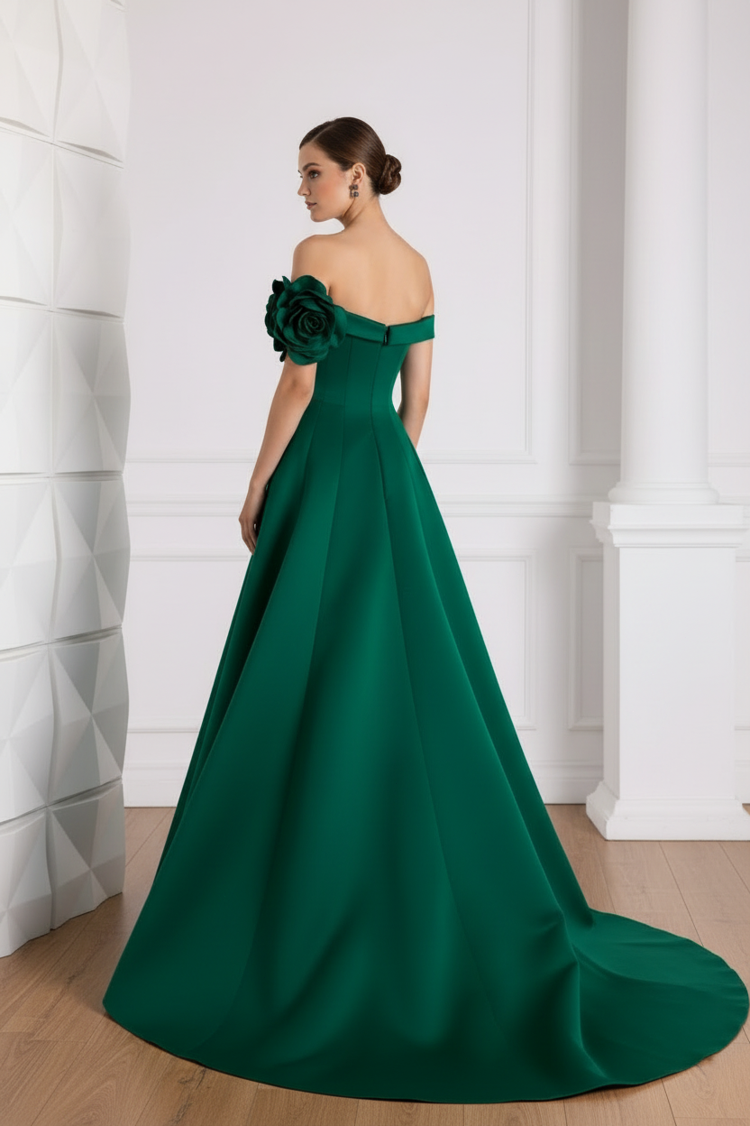Strapless Floral Embellished Satin A-Line Evening Dress