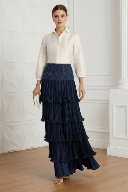V-Neck Long Sleeves Tiered Evening Dresss