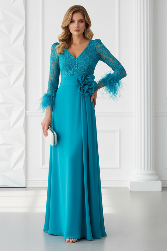 V-Neck Long Sleeves Lace Appliques Sheath Mother of Bride Dress
