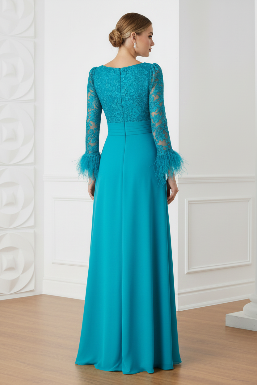 V-Neck Long Sleeves Lace Appliques Sheath Mother of Bride Dress