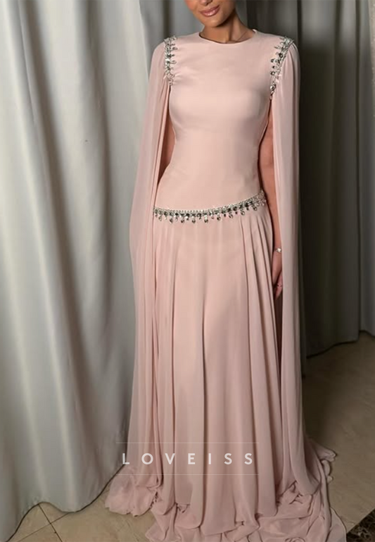 Scoop Pleated Beaded A-Line Long Sleeves Evening Dress
