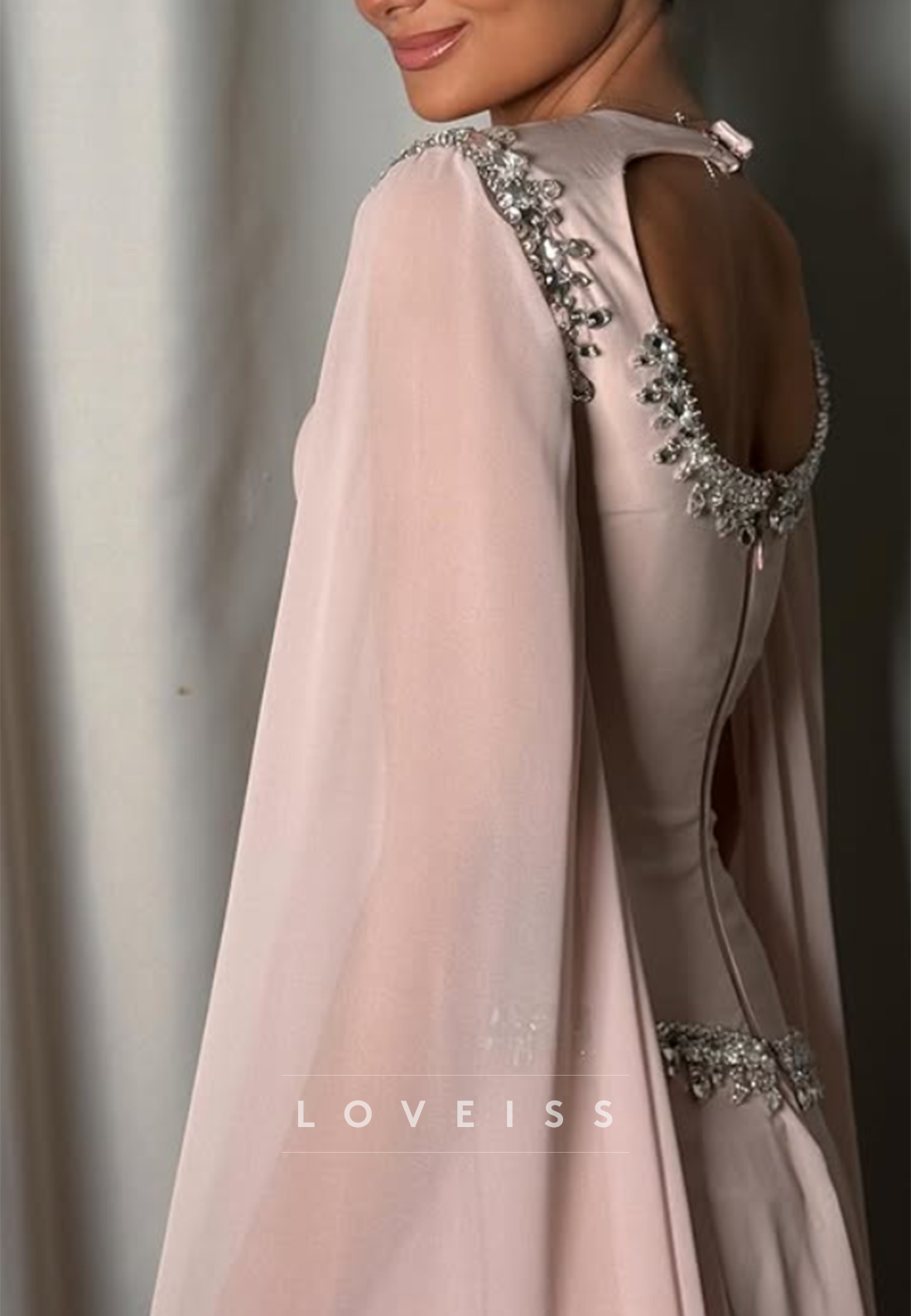 Scoop Pleated Beaded A-Line Long Sleeves Evening Dress