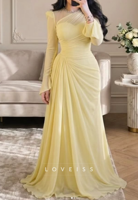 Scoop Long Sleeves Pleated Sheath Evening Dress