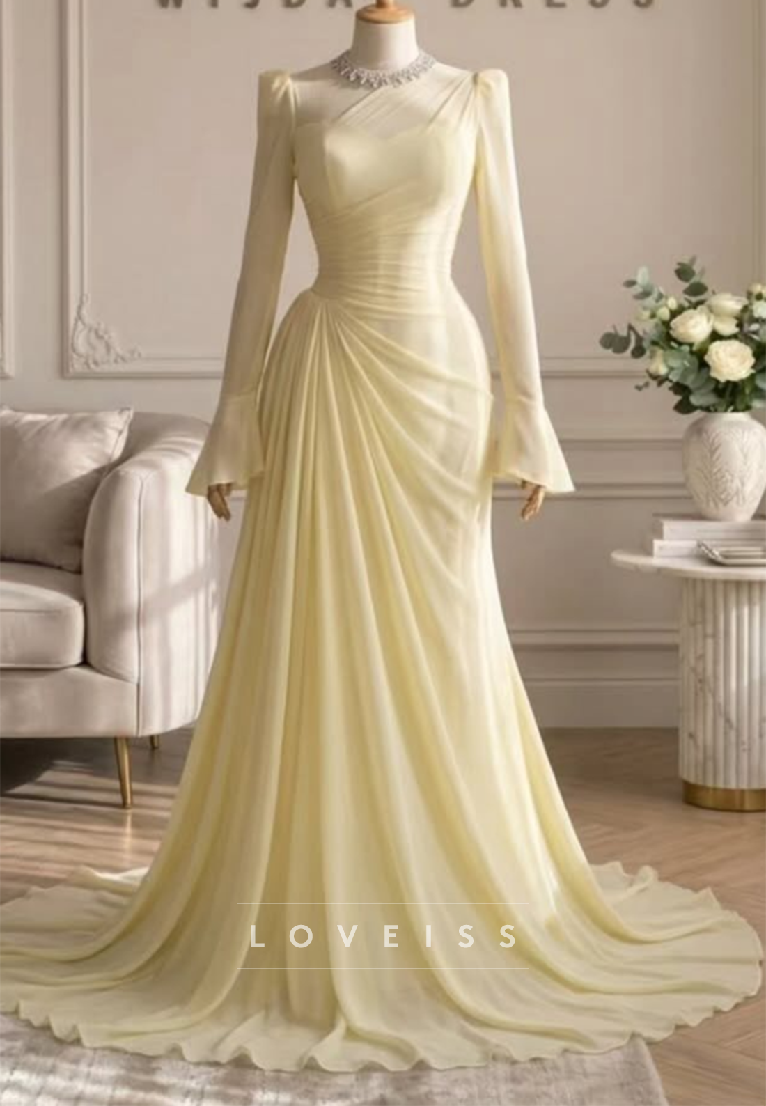 Scoop Long Sleeves Pleated Sheath Evening Dress