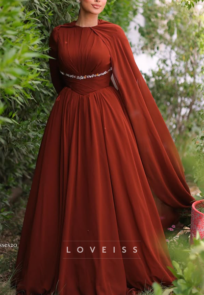 Scoop Long Sleeves Pleated A-Line Evening Dress