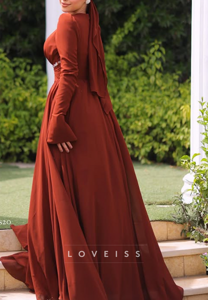 Scoop Long Sleeves Pleated A-Line Evening Dress