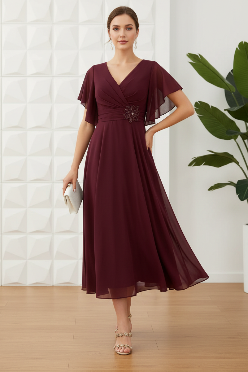 V-Neck Short Sleeves Tea-Length Chiffon Mother Of The Bride Dresses