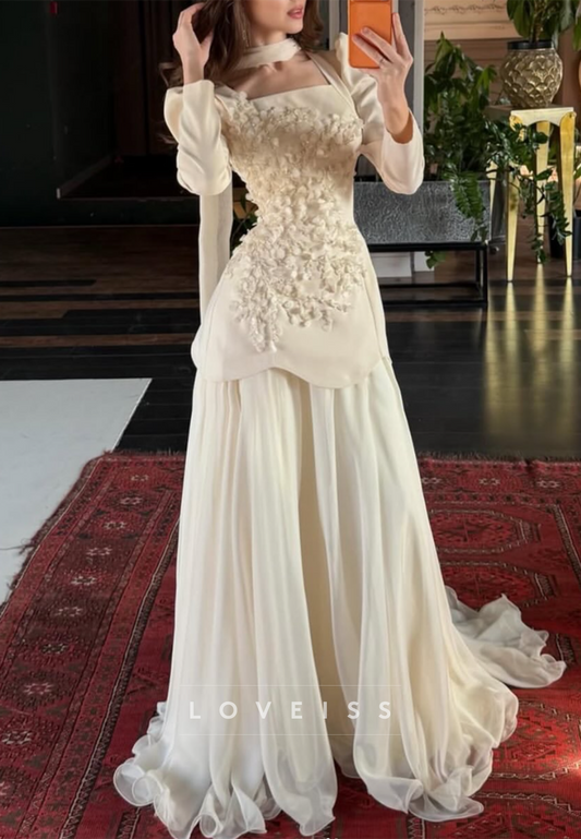 Square Long Sleeves Appliques A-Line Evening Dress