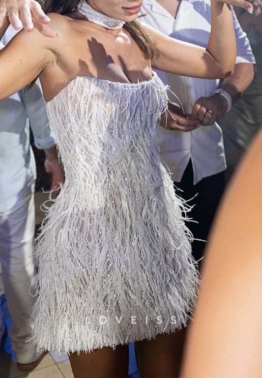 Strapless Beaded Embroidery Feathered Sheath Short Wedding Dress