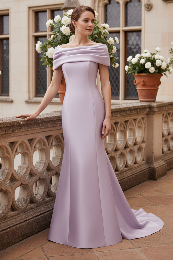 Off-The-Shoulder Satin Evening Gown with Back Bow