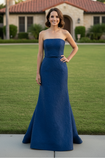 Strapless Jacquard Column Gown with Bow Belt