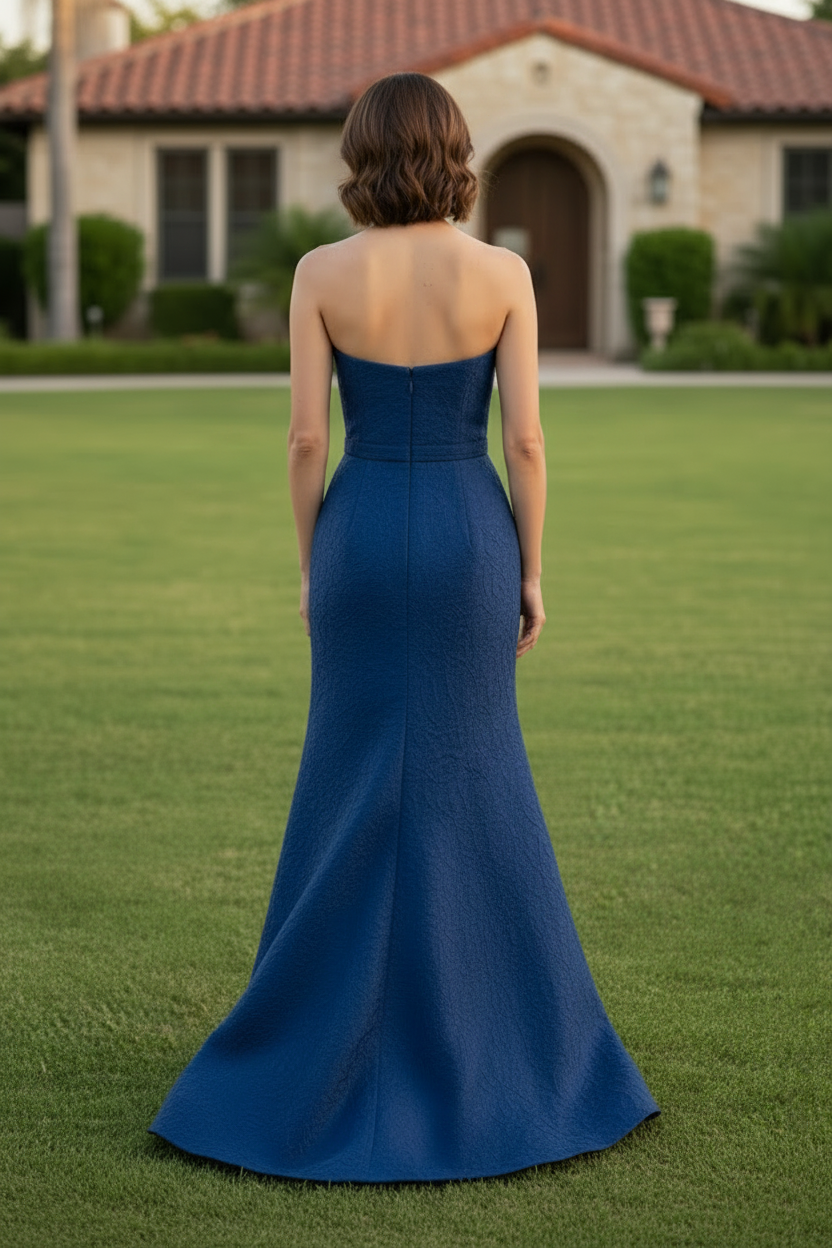 Strapless Jacquard Column Gown with Bow Belt