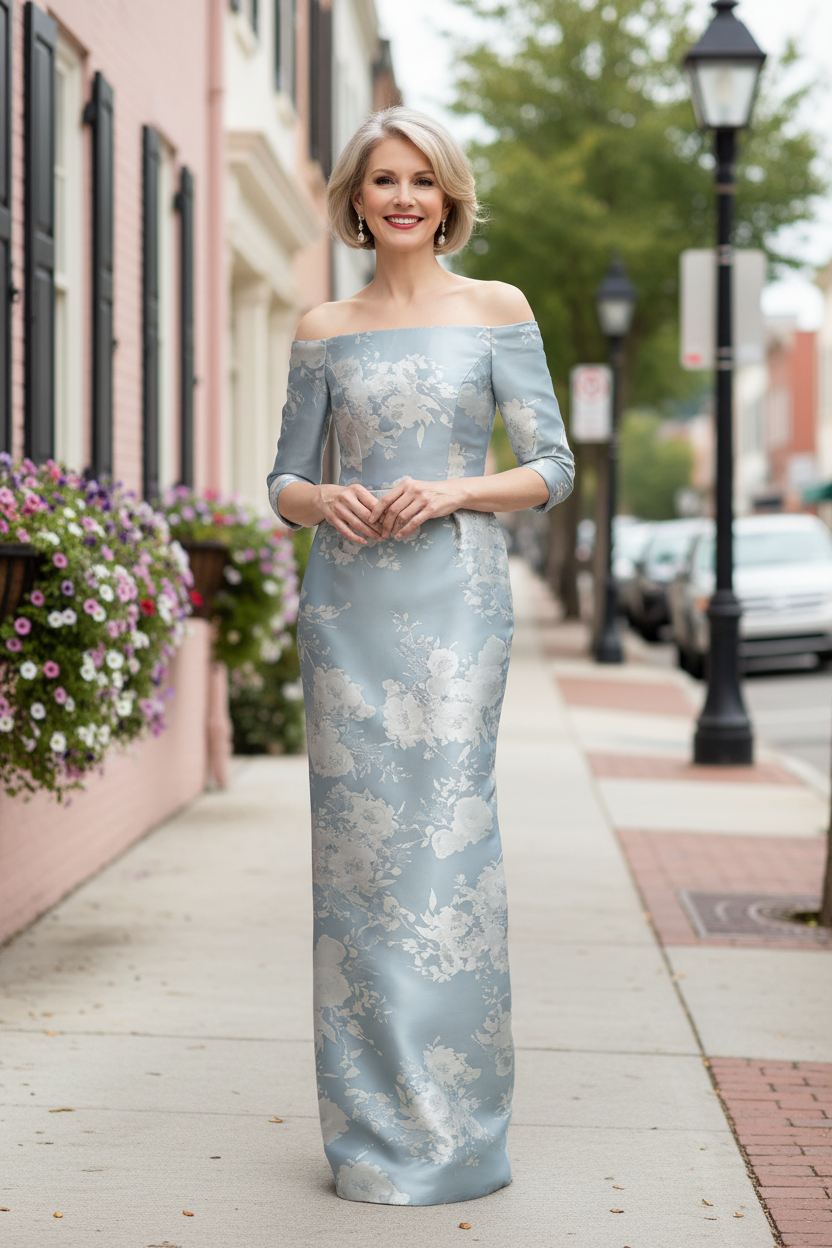 Off-the-Shoulder Floral Jacquard Gown