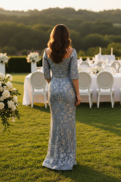 Floral Metallic Jacquard Column Gown with Cape Overlay