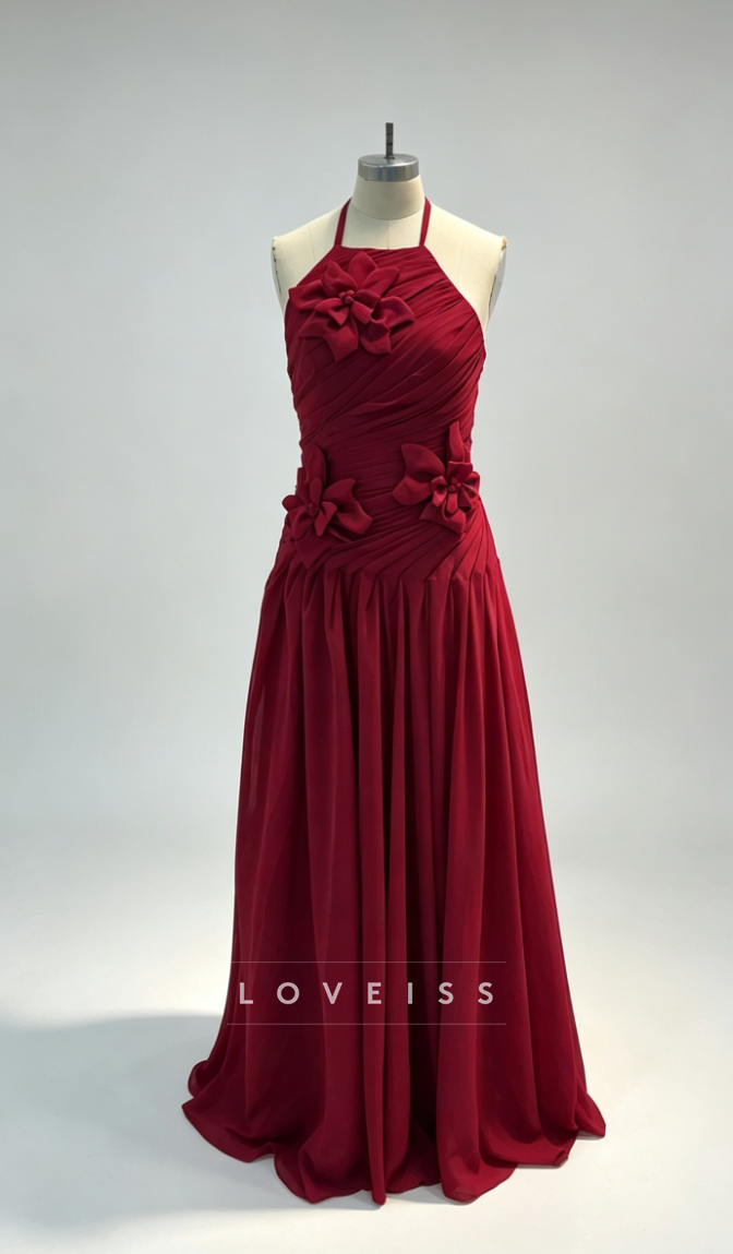Halter Floral Embellished Pleated A-Line Prom Dress